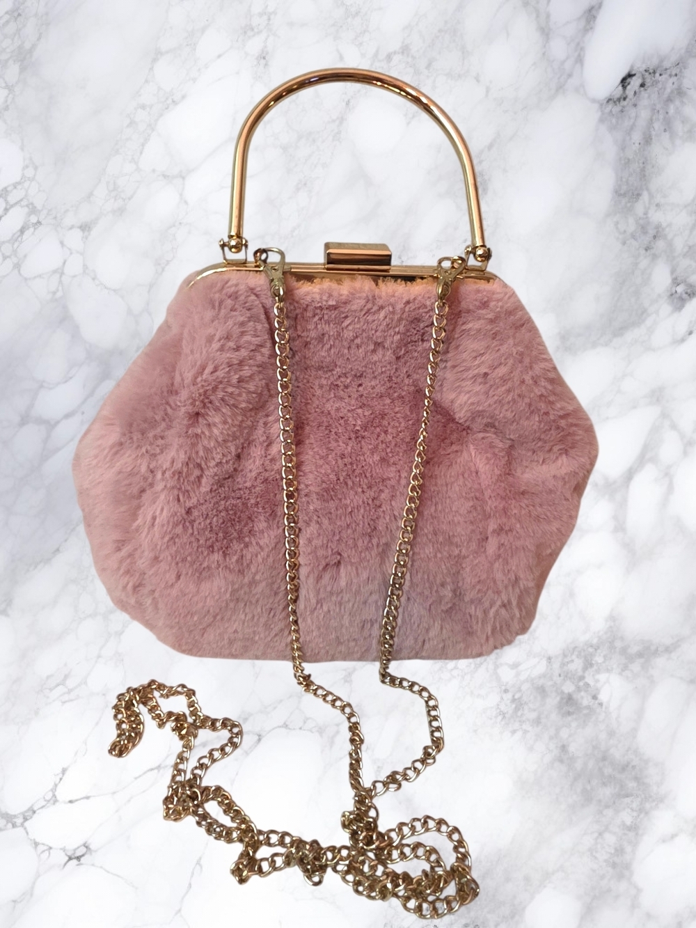 Nordstrom Petal Pink Faux Fur Frame Clutch Gold Handle Chain Evening Bag
